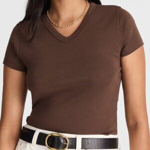 NWT Madewell V-Neck Fitted Baby Tee in Compact Cotton Roasted Chicory Brown M